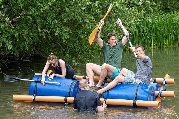Charlie on raft, raising funds for Swinbrook Village Hall Restoration Project Charlie on raft, raising funds for Swinbrook Village Hall Restoration Project