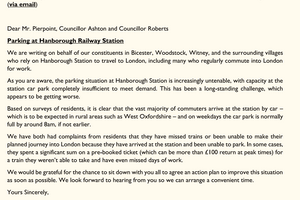 The letter that I wrote alongside Calum Miller MP to ask for better parking at Hanborough Station.